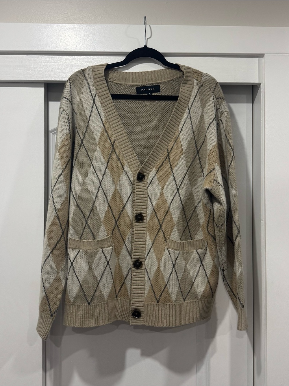 PacSun 90s Beige Argyle Button-Front Men’s Cardigan Sweater